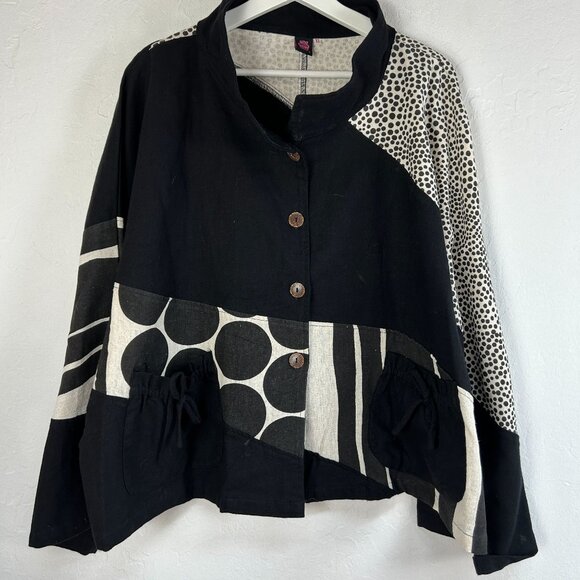 Cupcake International Womens Black White Patchwork Jacket XL Cotton Art To Wear - Picture 1 of 10